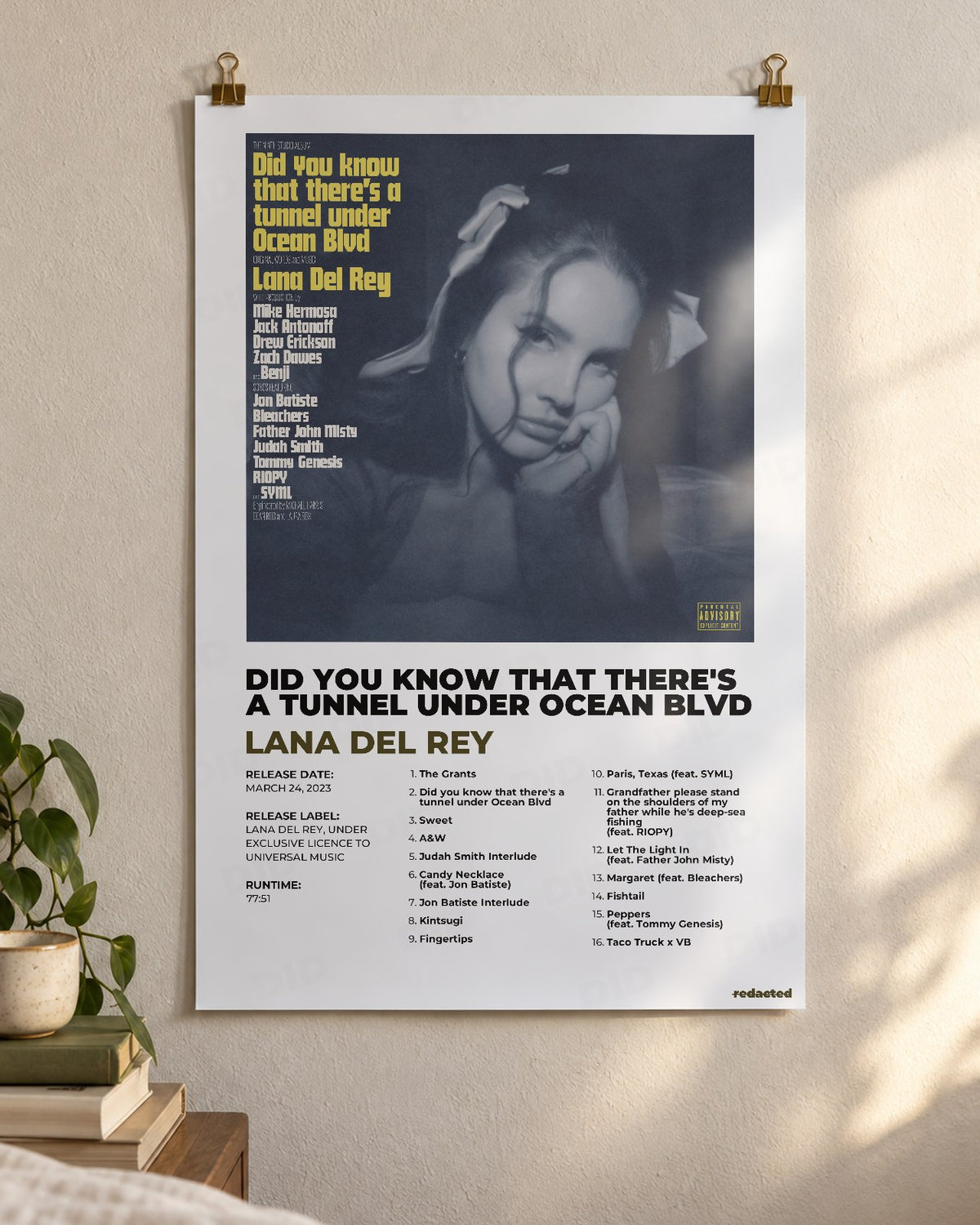 Lana Del Rey - Did you know that there's a tunnel under Ocean Blvd Poster - White Edition (12x18 / 24x36) - Poster view